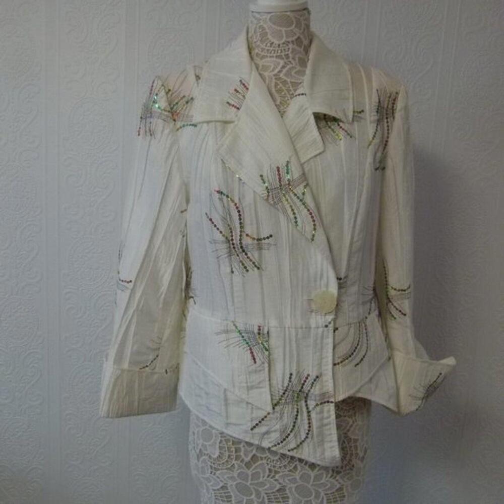 LKNW UNIQUE Thomsen white crinkle holiday sequin jacket blazer large